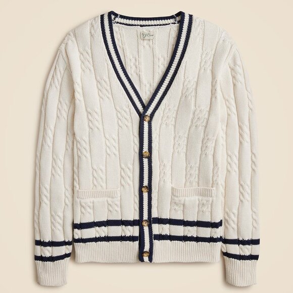 J Crew Cardigan Sweater Mens Cable Knit Varsity White Blue Striped - Picture 1 of 6
